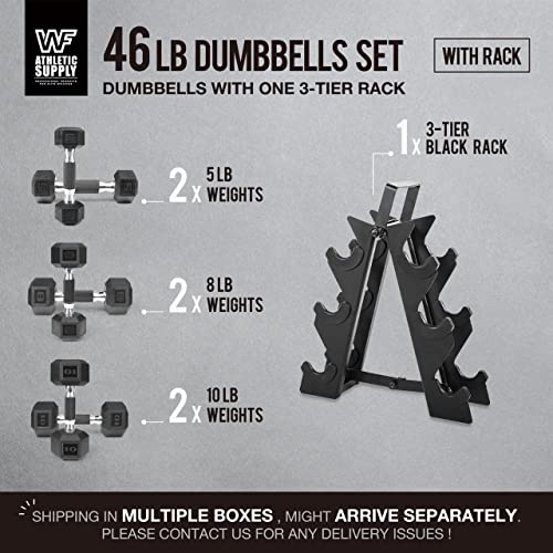 WF Athletic Supply Rubber Encased Hex Dumbbells with Rubber Grip Contoured Handle for Muscle Toning, Strength Building & Full Body Workout - color: m. 5LB, 8LB and 10LB Pair w/ 3-Tier Rack