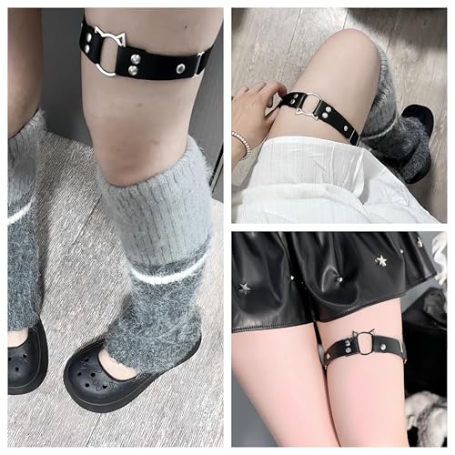 Adjustable Elastice 2 Rows Leather Leg Harness Garter Belt Punk Gothic Thigh Ring Garter - color: 2 Pcs Black Cat