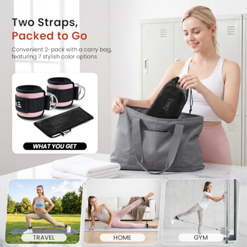 BAGAIL Ankle Straps for Cable Machines (2 Pack), Double D-Ring Ankle Cuffs with Extra Thick Padding, Adjustable Fit for Women & Men Glute Kickbacks, Hip Abductors & Leg Curls, Includes Mesh Bag - color: Soft Pink