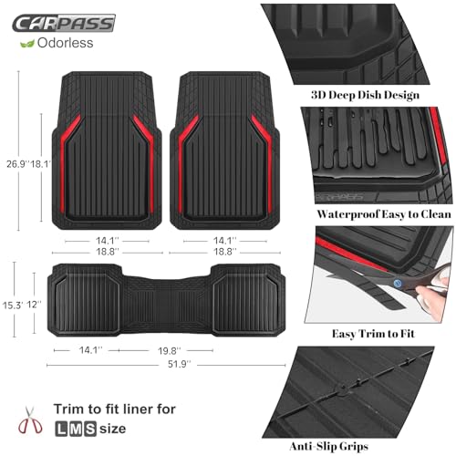CAR PASS Heavy Duty Rubber Floor Mats for Car, Waterproof Liner Deep Dish Car Mats Full Sets, Universal Trim to Fit for SUV Truck Sedans Vans, All Weather Automotive Floor Mats 3pcs, Black Red - color: Black Red