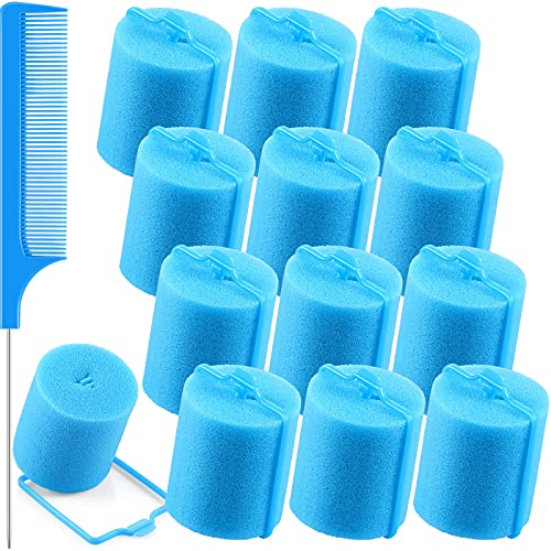 Syhood 12 Pcs Jumbo Foam Sponge Hair Rollers 1.89 Inch Soft Sleeping Curlers Flexible Large Foam Rollers and Rat Tail Comb for Hair Styling(Blue) - color: Blue