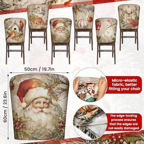 Moukeren 6 Pcs Christmas Chair Cover Set Stretch Dining Chair Back Covers Vintage Christmas Santa Claus Elk Slipcovers Farmhouse Removable Elastic Seat Protector for Xmas Party Kitchen Home Decor - style: Modern