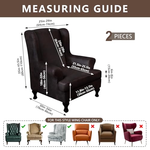 ANARACHON Leather Look Wingback Chair Covers, 2-Piece Wing Chair slipcover,Stretch Wing Back Armchair Slipcovers with Elastic Bottom, Soft Spandex Furniture Protector for Living Room (Chocolate) - color: Chocolate