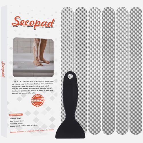 Secopad Original Anti-Slip Shower Stickers for Bathtub & Shower Floor, Strong Adhesive Safety Strips with Scraper Ideal for Families with Kids, Adults & Seniors, 12 PCS (Gray) - color: Grey