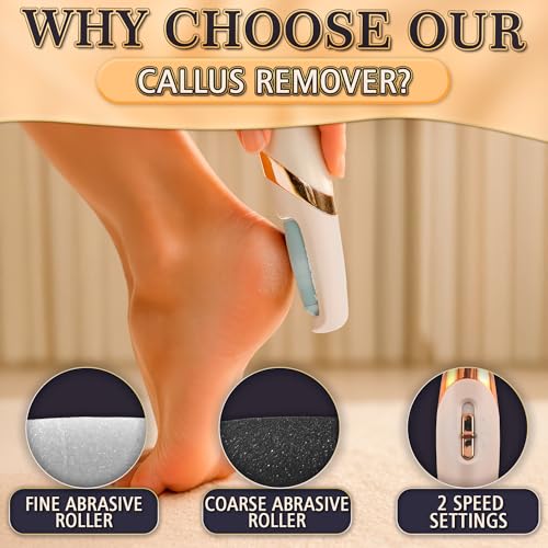 Foot Callus Remover Electric for Dead Skin, 2-Speed, 2 Rollers, LED | Callus Grinder for Feet, 1700/2000 RPM, Coarse & Fine Rollers for Cracked Heels, Compact Electric Foot Sander for Travel - color: Beige Callus Remover