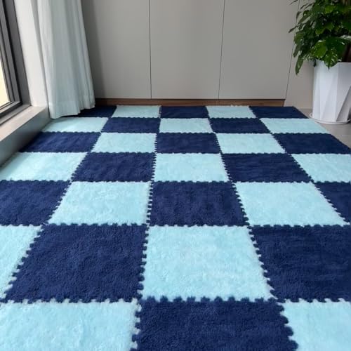 12Pcs Plush Foam Floor Mat,Plush Interlocking Carpet Tiles,Anti-Slip Square Puzzle Floor Mat,EVA Foam Area Rugs for Bedroom Playroom (Blue+Navy) - color: Blue+navy