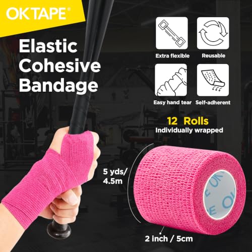OK TAPE 12 Rolls Self Adhesive Bandage Wrap, Elastic Athletic Tape, Self Stick Bandage Tape, Vet Wrap, Medical Wrap for Wrist, Feet, 2" x 5 Yards - Pink - color: Pink, size: 2 Inch