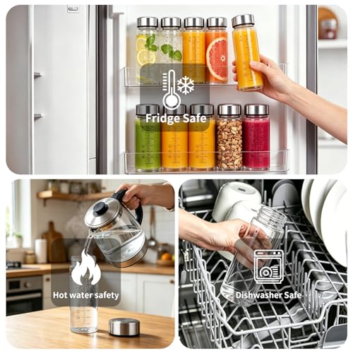 12oz Glass Juice Bottles, 4 Pack | Leakproof stainless steel lids, BPA-free heat resistant glass jars, perfect for juice, smoothies, milk and protein beverages