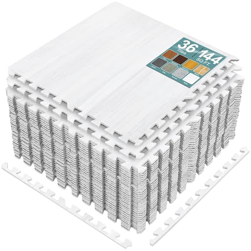 Sorbus 144 Sq. Ft. Wood Grain Floor Tiles Foam Mat EVA Interlocking Mats Tile 3/8-Inch Thick Flooring Wood Puzzle Exercise Mats w/Borders - Home Playroom Basement, Apartment, Trade Show, Baby, Dance - color: White, size: 36 Pack