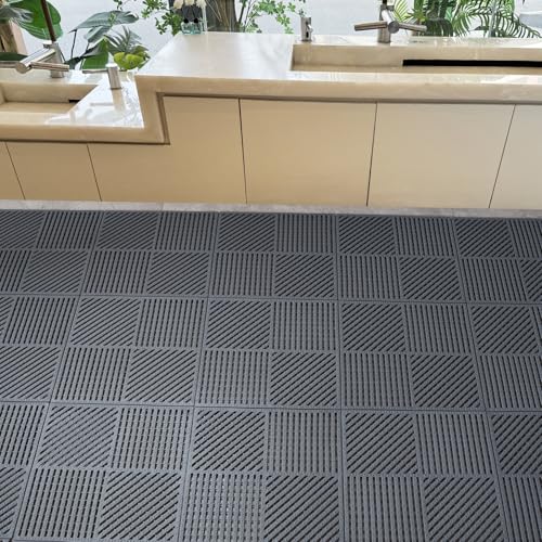 18 Pack Interlocking Drainage Tiles Double Non-Slip Tiles Mat with Drain Holes for Pool, Bathroom, Shower, Pantry, Patio, Boat, Pet Area, 12"×12" Dark Gray - color: Dark Gray, size: 18 Pack (12"L x 12"W x 0.4"Th)