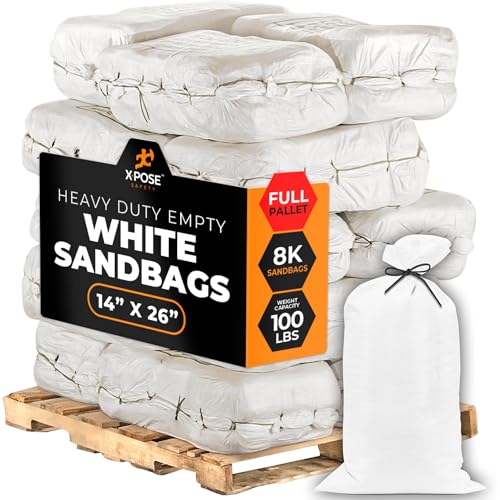 Xpose Safety Heavy Duty Sand Bags with Tie Strings – Empty Woven Polypropylene Sandbags for Hurricane Flood Protection, 100 lb Capacity, 14" x 26", White, Bulk Full Pallet Pack of 8000 - color: White, size: 8000 Sandbags (Full Pallet)