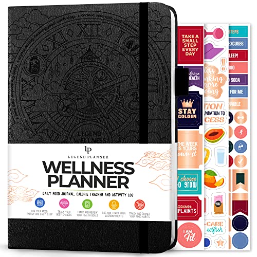 Legend Wellness Planner & Food Journal – Daily Diet & Health Journal with Weight Loss, Measurement & Exercise Trackers – Lifestyle & Nutrition Diary – Lasts 6 Months, A5 size – Black - color: Black Debossed, size: A5 (5.8” x 8.3”)