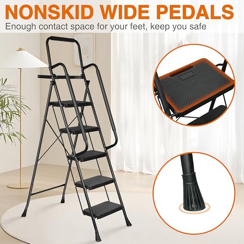 Arbusb Step Ladder, Folding Step Stool with Wide Anti-Slip Pedals, Sturdy Steel Ladder with Handrail, Space-Saving, Portable for Home & Adults, 5 Step Ladder - size: 5-step
