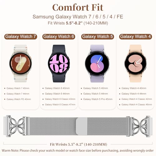 Getino Magnetic Metal Band Compatible with Galaxy Watch 7 Band 6 5 4 FE Active 2 40mm 44mm/Galaxy Watch 5 pro 45mm/Classic, 20mm Floral Dressy Strap for Samsung Watch Bands Women Milanese Mesh Loop - color: Silver