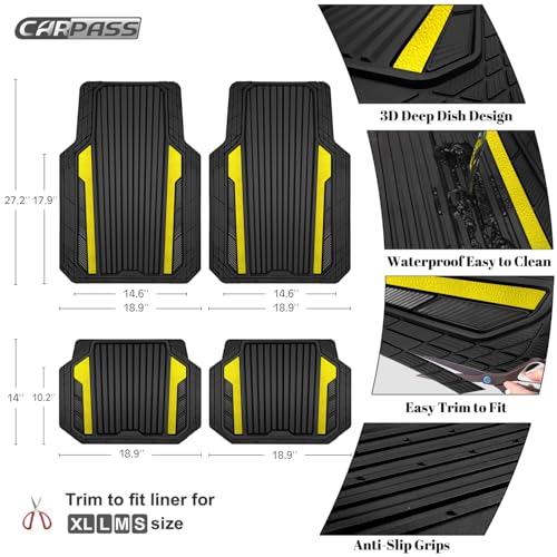 CAR PASS Yellow Car Mats Metallic, Aluminum Film All Weather Rubber Lemon Yellow car Floor Mats Waterproof Universal Trim to Fit SUV Sedan Van Truck 4 Piece Deep Dish Heavy Sporty Black Yellow Chrome - color: Black Yellow