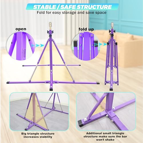 FC FUNCHEER Foldable Gymnastics Bar,5FT Horizontal bar,Adjustable Kids Training bar for Kids Ages 3-15,Kids Gymnastics bar,Triangle Stable Structure-Gym Equipment for Home - color: Purple, style: Bar-Swing-Rings