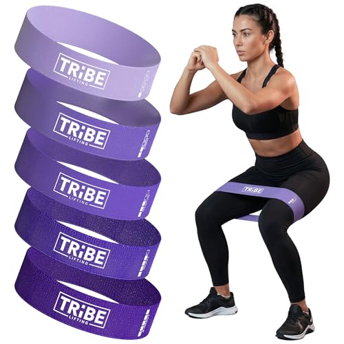 Tribe Lifting Fabric Resistance Bands for Working Out - 5 Exercise Bands Set for Legs and Glutes - Booty Bands for Women and Men - Thick Cloth Workout Bands for Physical Therapy, Hip Training - color: Purple