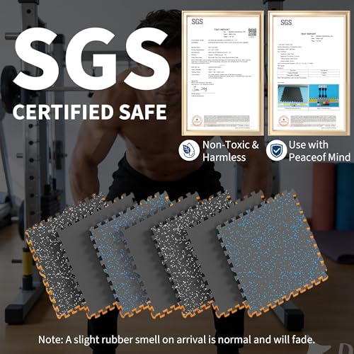 Garvee Exercise Equipment Mats 0.56" Thick 48 Sq ft Gym Flooring – 12 Tiles (24" x 24") Rubber Top with High Density EVA Foam, Interlocking Puzzle Workout Mats for Home Gym Exercise– Black/Blue