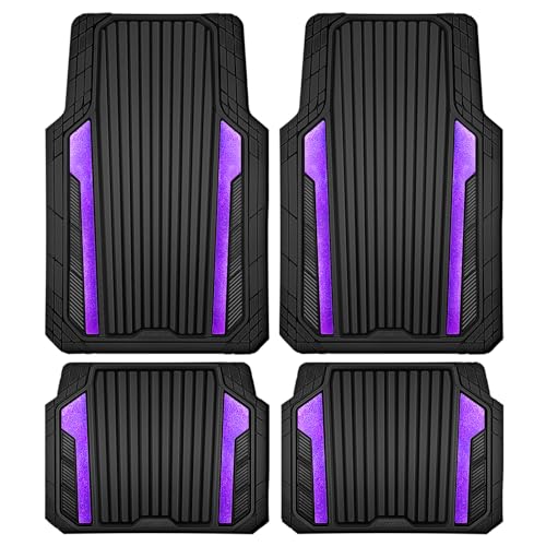 CAR PASS Heavy Duty Rubber Car Mats Metallic,Aluminum Film All Weather Floor Mats Waterproof Universal Trim to Fit SUVs Sedans Vans 4 Piece Anodized Deep Dish Two-Tone Sporty Black Purple Chrome - color: BLack Purple