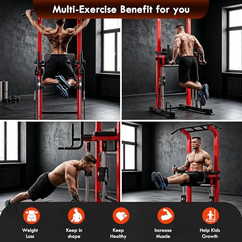 SogesPower Power Tower Dip Station Pull Up Bar for Home Gym Multi-Function Adjustable Height Strength Training Workout Equipment - color: Red