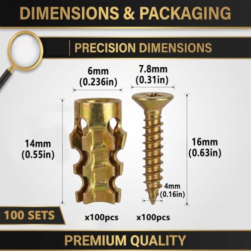 100Pcs 6x14mm Short Expansion Screw Set, Expansion Anchors Screw Repair Kit Hinge Repair Screw & Expansion Anchor, Cabinet Door Hinge Repair & Stripped Thread Restoration, Screw Hole Repair Kit