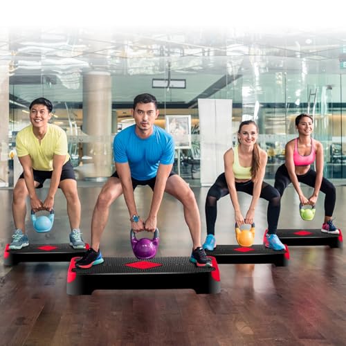JupiterForce 26.5" Height Adjustable Step Aerobic Platform with 4 Risers, Exercise Workout Stepper for Home Training, Gym Fitness, 4''- 6'' - 8'', 400 lbs Capacity - color: Red