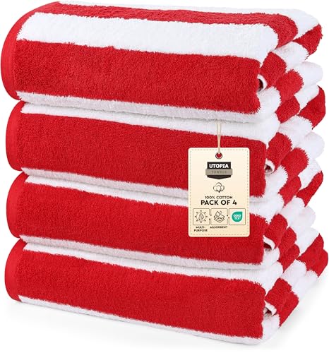 Utopia Towels Pack of 4 Cabana Beach Towels, Oversized 30 x 60 Inches Cotton Beach Towel Set, Smooth Ring Spun Texture for Pool and Swim Days, Modern Striped Design Bath Towels, Red - color: Red, size: 30 x 60 - 4 Pack