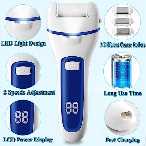 Callus Remover for Feet, 13-in-1 Professional Pedicure Tools Foot Care Kit, Foot Scrubber Electric Feet File Pedi for Hard Cracked Dry Dead Skin, 3 Rollers, 2 Speed, Battery Display (White&Blue) - style: White&Blue