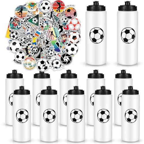 Soccer Party Favors, 12 Pack Soccer Water Bottles with 300 PCS Stickers, 20 oz Sports Squeeze Bottle, BPA-Free Reusable Water Bottles Bulk for Boys, Gifts For Team - style: 3# 12 Pack-Soccer