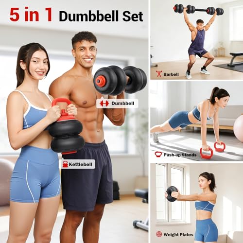 Yoleo Adjustable Dumbbell Set, 45LBS Free Weight Set with Silent Anti-Collision Air Cushion with Connector, 5-in-1 Dumbbells Set Includes Barbell, Kettlebells, Push up Stand, Weight Plate, Exercise & Fitness Dumbbells Weight Set for Home Gym Suitable Men/
