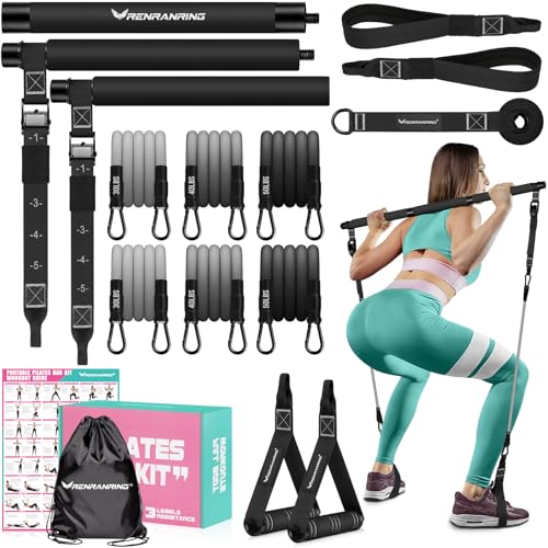Pilates Bar Kit with 6 Latex Resistance Bands, Adjustable Exercise Bar - color: Black Pro(30/40/50lbs)