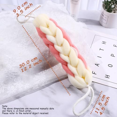 AARAINBOW 2 Packs Upgraded Long Stretch Back Sponge with Rope Handles Back Scrubber Bath Shower Mesh Sponge Exfoliating Body Scrub Stretch Braided Loofah for Men Women Braided Mesh Shower (Gray+Pink) - color: Gray+pink