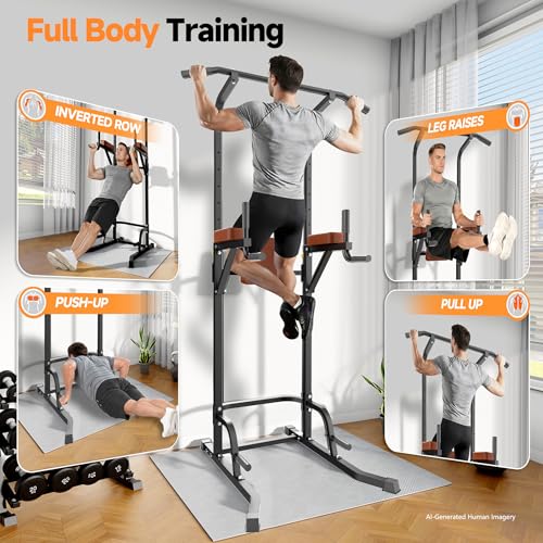 Power Tower Pull Up Station with Arm Rests Back Pad and Flared H-Shaped Base - color: Black/Brown