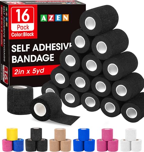 AZEN 16 Pack Self Adhesive Bandage Wrap Black, 2" X 5 Yards Black Athletic Tape, Vet Wrap, Tattoo Grip Tape Wrap，Ankle Tape, Cohesive Bandage Wrap - color: Black, size: 2 Inch
