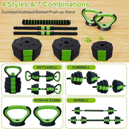Adjustable Dumbbell Set, 44/66/88 Lbs Free Weight Dumbbells Set, 4 in 1 Dumbbells Set Used As a Kettlebell, Barbell, Push Up Stand, Exercise & Fitness for Home Gym, Black & Green - size: 66 LB-Octagon