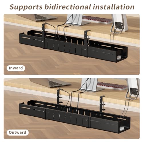 Under Desk Cable Management Tray, Expandable 25.2"– 38.6" No Drill with Clamp Mount Cord Management, Black Carbon Steel Cord Organizer for Desk, Home, Office