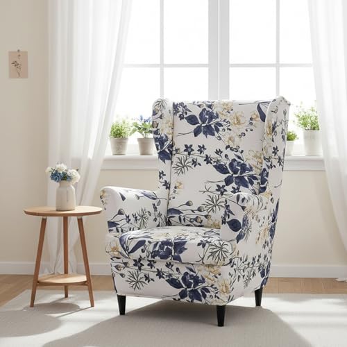 NILUOH Wingback Chair Slipcover, 2-Piece Stretch Wing Chair Cover, Washable Soft Fit Slipcover for Wingback Armchairs, Non-Slip Furniture Protector for Living Room, Flower Field - color: 12