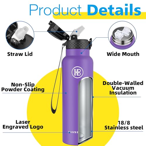 Han's Bottle Sports Water Bottle - 24 Oz, Straw Lid, Leak Proof, Vacuum Insulated Stainless Steel, Double Walled, Thermo Mug,Purple - color: Purple, size: 24 Ounces