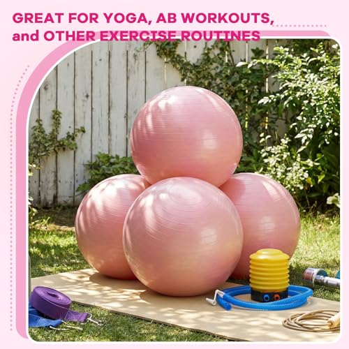 Leyndo 4 Pcs 26 Inch Yoga Exercise Ball Pilates Pregnancy Birthing Fitness Ball with Quick Pump Anti Burst for Improved Posture, Balance, Yoga, Pilates, Training - color: Light Pink