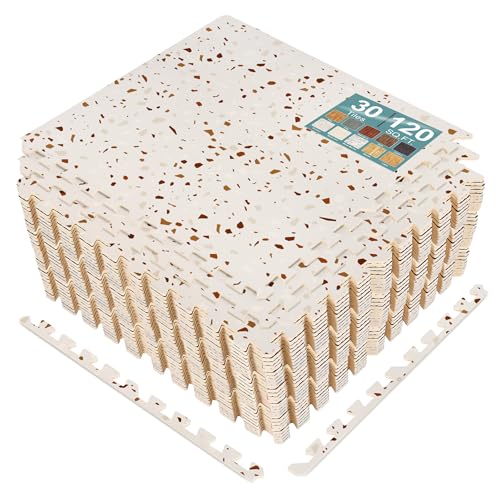 Sorbus 120 Sq. Ft. Wood Grain Floor Tiles Foam Mat EVA Interlocking Mats Tile 3/8-Inch Thick Flooring Wood Puzzle Exercise Mats w/Borders - Home Playroom Basement, Apartment, Trade Show, Baby, Dance - color: Terrazzo, size: 30 Pack