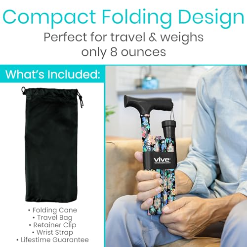 Vive Folding Cane - Foldable Walking Cane for Men, Women - Fold-up, Collapsible, Lightweight, Adjustable, Portable Hand Walking Stick - Balancing Mobility Aid - Sleek, Comfortable (Neon Flower) - color: Neon Flower