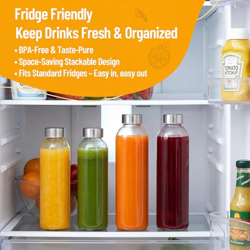 Luxfuel Clear Glass Bottles with Lids, 18oz Glass Water Bottles for Juicing | 100% Leak Proof Reusable Juice Bottle with Stainless Steel Cap for Smoothie, Milk, Refrigerator, Dishwasher Safe, Set of 24 - color: Clear Glass Bottle 24Pack, size: 18oz