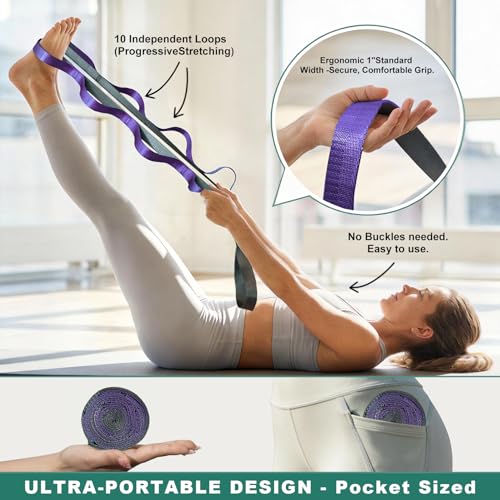 Acozycoo Stretching Strap with Loops,Non-Elastic Yoga Strap for Physical Therapy,Knee Replacement Recovery & Plantar Fasciitis,Leg Stretcher Band for Flexibility & Hamstring Rehab - color: Purple