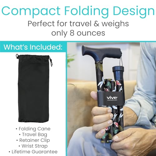 Vive Folding Cane - Foldable Walking for Men, Women Fold-up, Collapsible, Lightweight, Adjustable, Portable Hand Stick Balancing Mobility Aid Sleek, Comfortable (Black Butterfly) - color: Black Butterfly