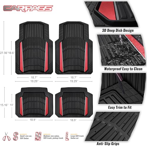 CAR PASS Heavy Duty Rubber Car Floor Mats, Deep Waterproof Car Floor Mats All Weather, Aluminum Film Floor Mats for Cars Non-Slip Universal Trim to Fit for SUVs Trucks Sedans Vans, Black Red Metallic - color: Black Red