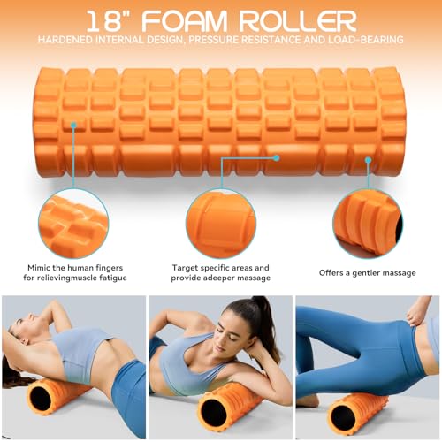 Krightlink 5-in-1 18" Foam Roller Set for Deep Muscle Massage | Foam Roller Back Roller for Fitness Relieves Muscle Pain Myofascial Trigger Point Release Pilates, Yoga (Orange) - color: Orange-18"(5 in 1)