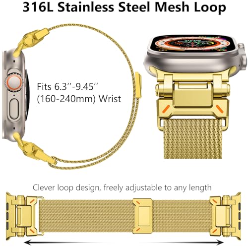 WINGLE Milanese Loop for Apple Watch Band Ultra 3/2/1 Band Ultra 49mm Series 11 10 46mm 45mm 44mm SE 3/2/1 Series 9 8 7 6 5 4 3 Men Women,Parachute-Style Buckle Stainless Steel Mesh Metal iWatch Bands - color: Magnetic Metal Mesh Loop-Gold