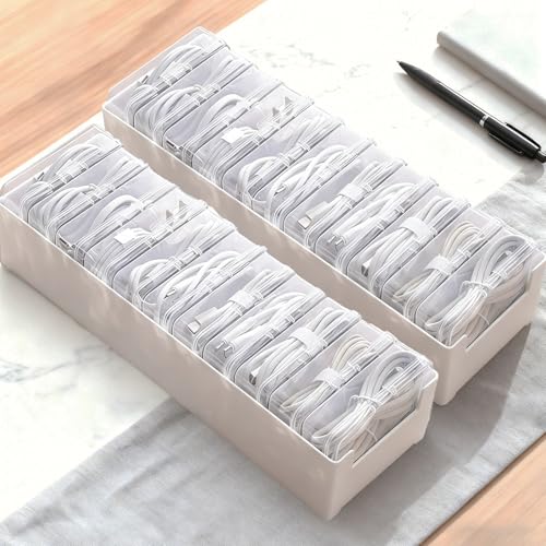 2 Pack 11 Grid Cable Organizer Box with Switch for Desktop Cord Storage | Desk wire sorting, office household dual use, multi grid classified storage, transparent visible interior, cord management