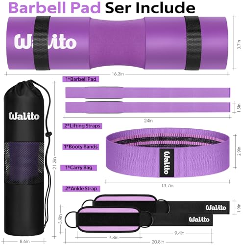 WALITO 8Pcs Barbell Pad Set for Hip Thrust - Squat Pad,Gym Accessories for Women with Bar Bad,Bench Press, with Gym Ankle Straps,Resistance Bands for Working Out,Lifting Strap,Carry Bag - color: Purple