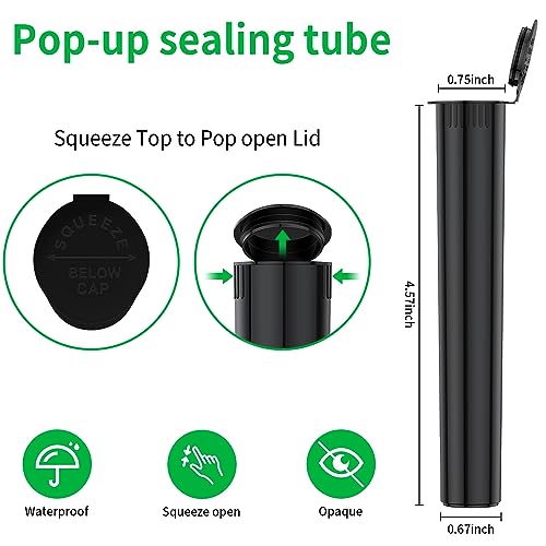 Urekt 100 Pack 116mm Tubes Black Plastic Pop Top Pill Storage Tubes, Child Resistant Waterproof Pill Plastic Tube Pill Container Medicine Holder BPA Free